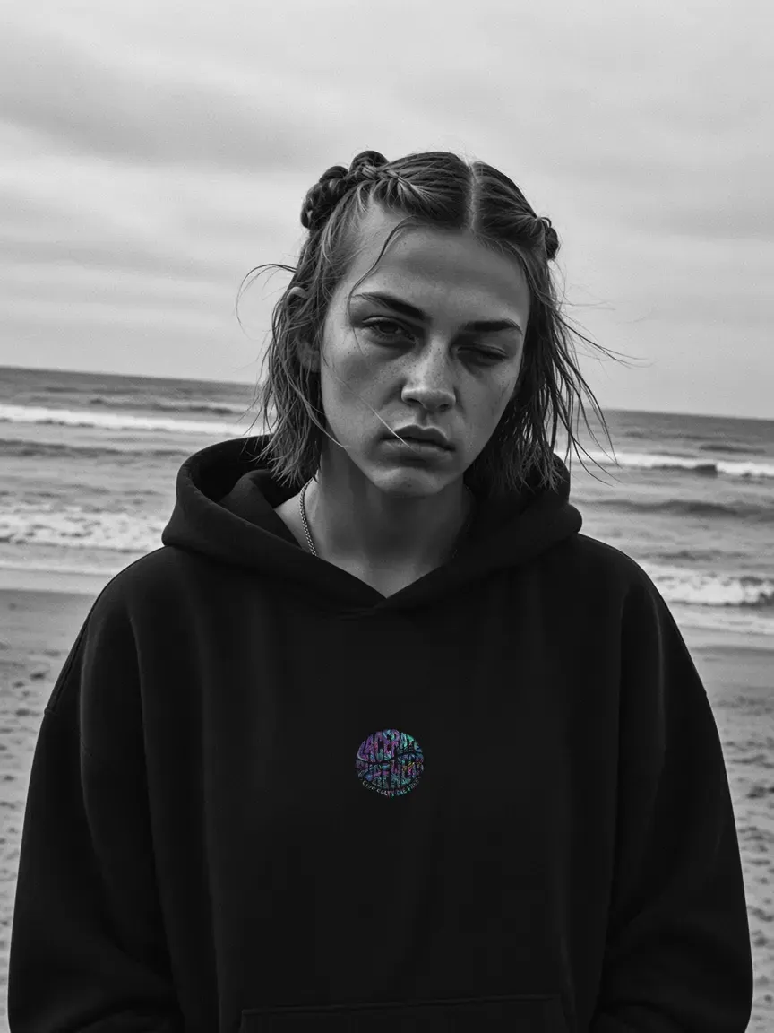 CUbe Hoodie, schwarzweißes Brustbild am Meer mit Badge